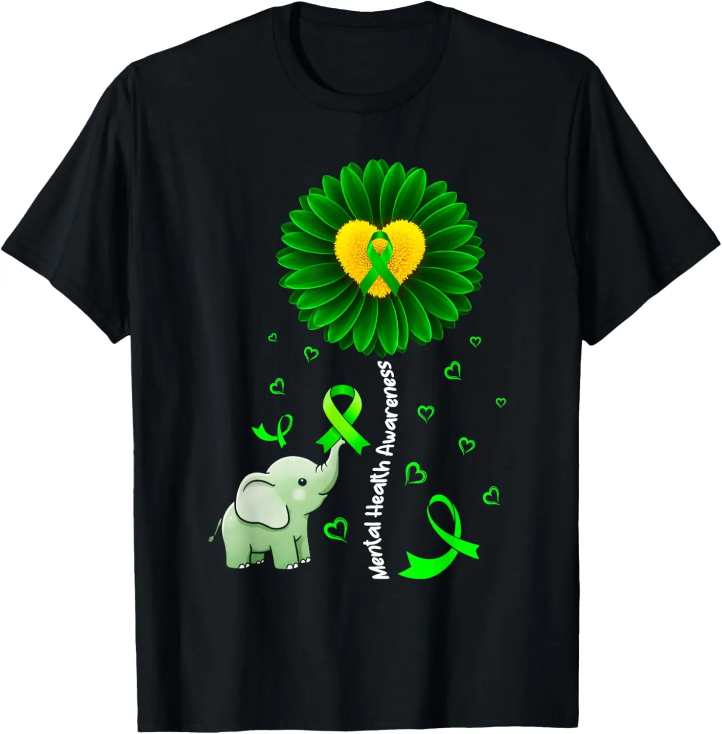 Mental Health Awareness Sunflower Green Ribbon Elephant T-Shirt 100% Cotton Trendy Y2K Short-Sleeve Tee – Soft, Quick-Drying, & Moisture-Wicking; Ideal for Sports or Casual Wear; Great Gift for Christmas or Halloween.