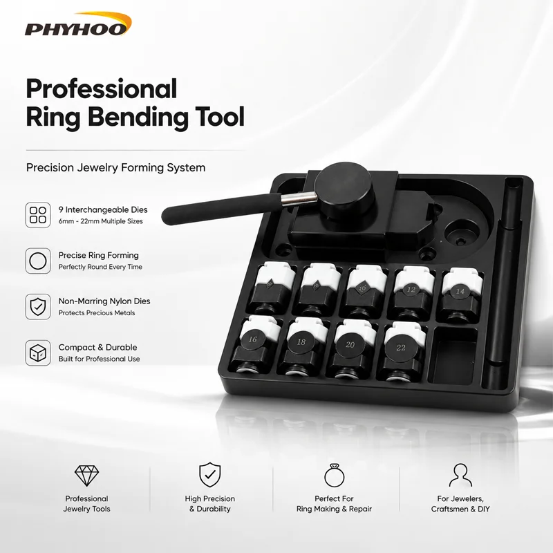 PHYHOO Ring Bending Tool Professional Jewelry Making Forming Machine Set with 9 Nylon Dies 6mm to 22mm for DIY Metal Bending NEW