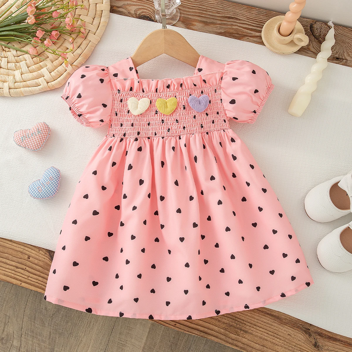 Love Print Polka Dots Puff Sleeves Square Neck Baby Girl Princess Dress Summer Comfortable Birthday Party Toddler Clothes