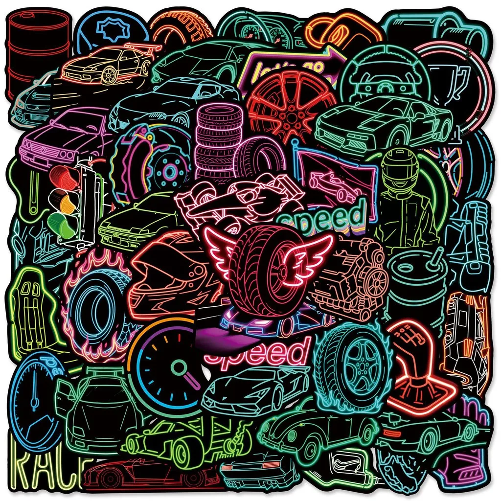 50 Pcs Neon Racing Graffiti Stickers - DIY Decor for Luggage, Scooters, Refrigerators Cars Motorcycle Helmets AnimeWorlds Store