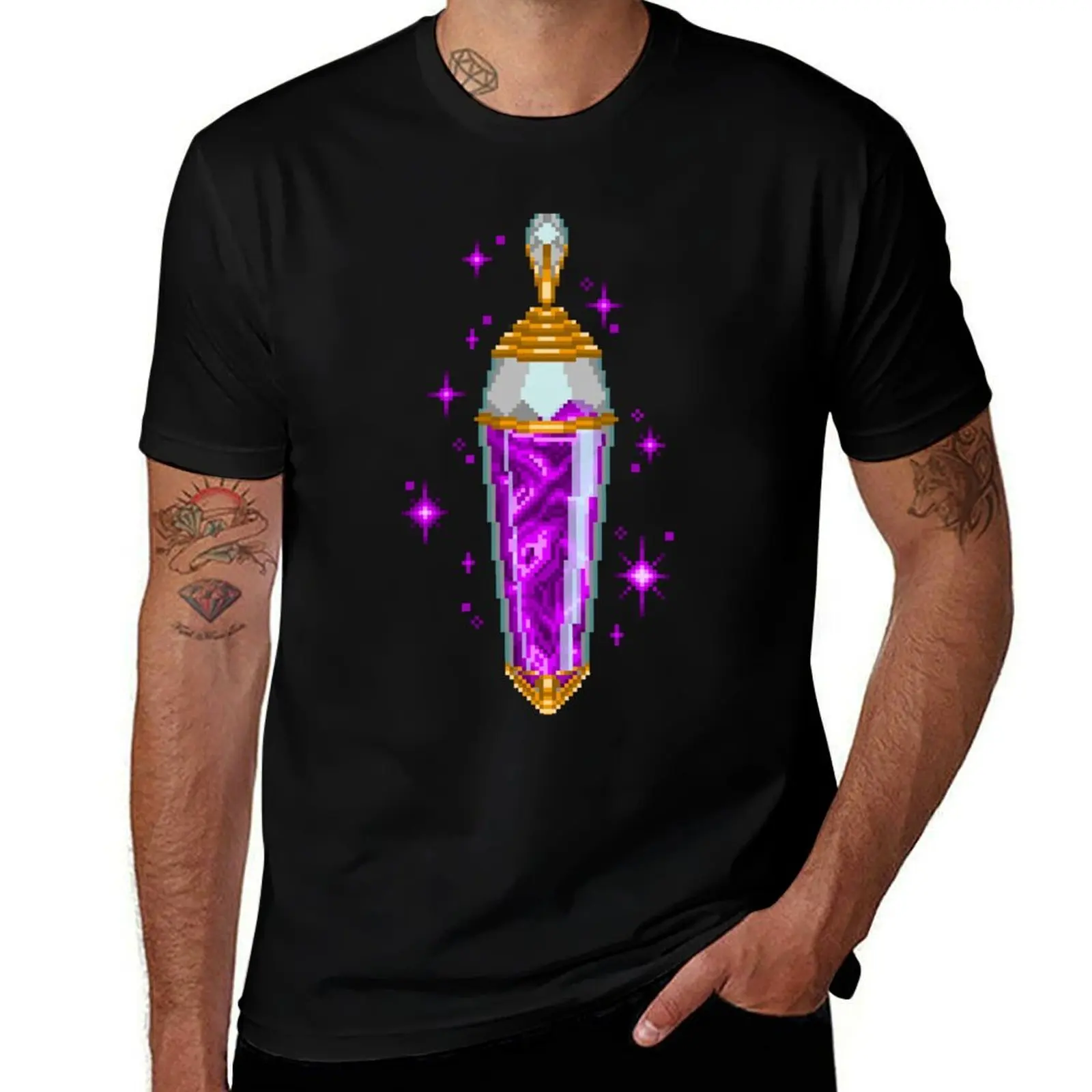 T-shirt décontracté anti-boulochage avec motif pixel art « La mort devient sa potion »