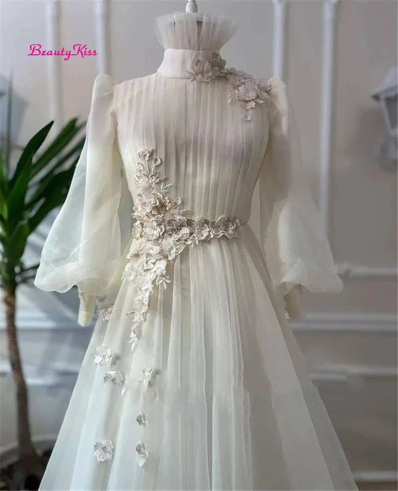 Robe de mariée trapèze drapée en Organza, manches longues bouffantes, col haut, fleurs 3D, robe formelle de mariage coréen