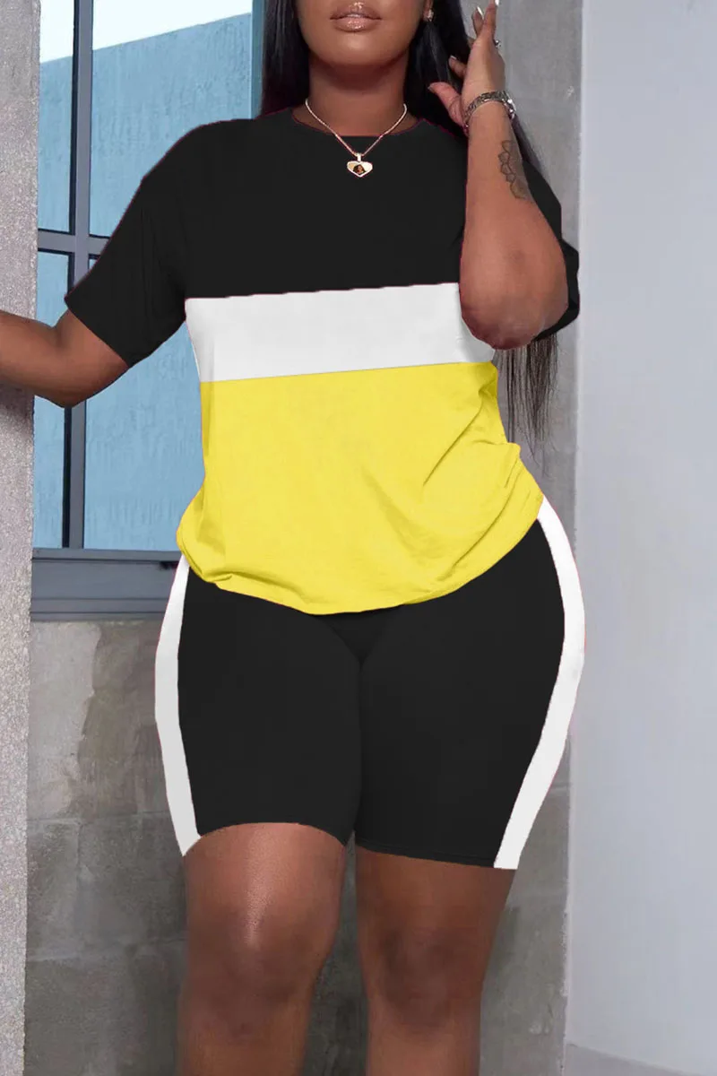 

Summer New Product for Foreign Trade: Round Neck Stripe Color blocked Short Sleeve High waisted Shorts Sports SetME3+WS4