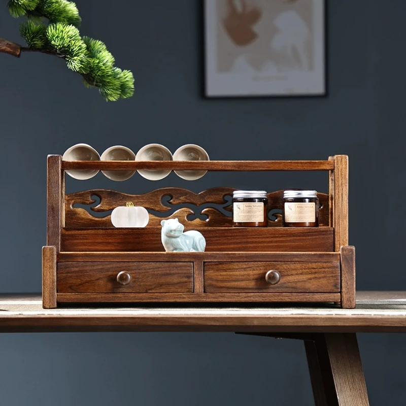 Wooden Teacup Holder Tea Accessory Organizer Chinese Pokou Shelf Tea Table Desk Storage Box Solid Wooden Shelf