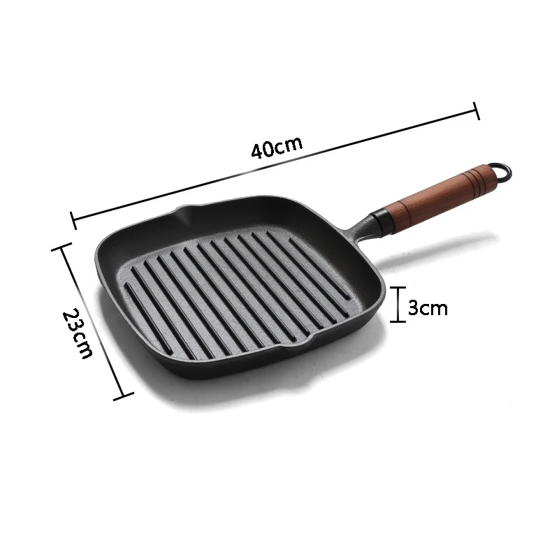Сковорода для стейка Толстая деревянная ручка, чугунная, без покрытия, с антипригарным покрытием, для дома, в полоску, специальный горшок