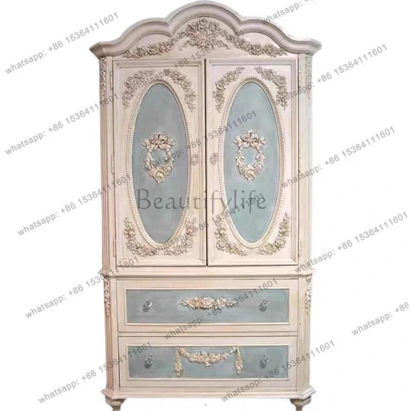 

French solid wood old double door wardrobe European carved retro pink locker