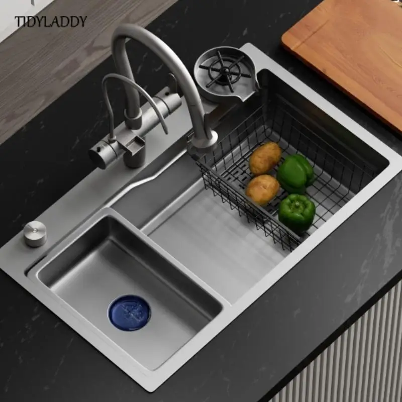 Luxury Large Stainless Steel Waterfall Kitchen Sink Multifunctional Faucet Single Sink Dish Basin Sink for Kitchen Renovation