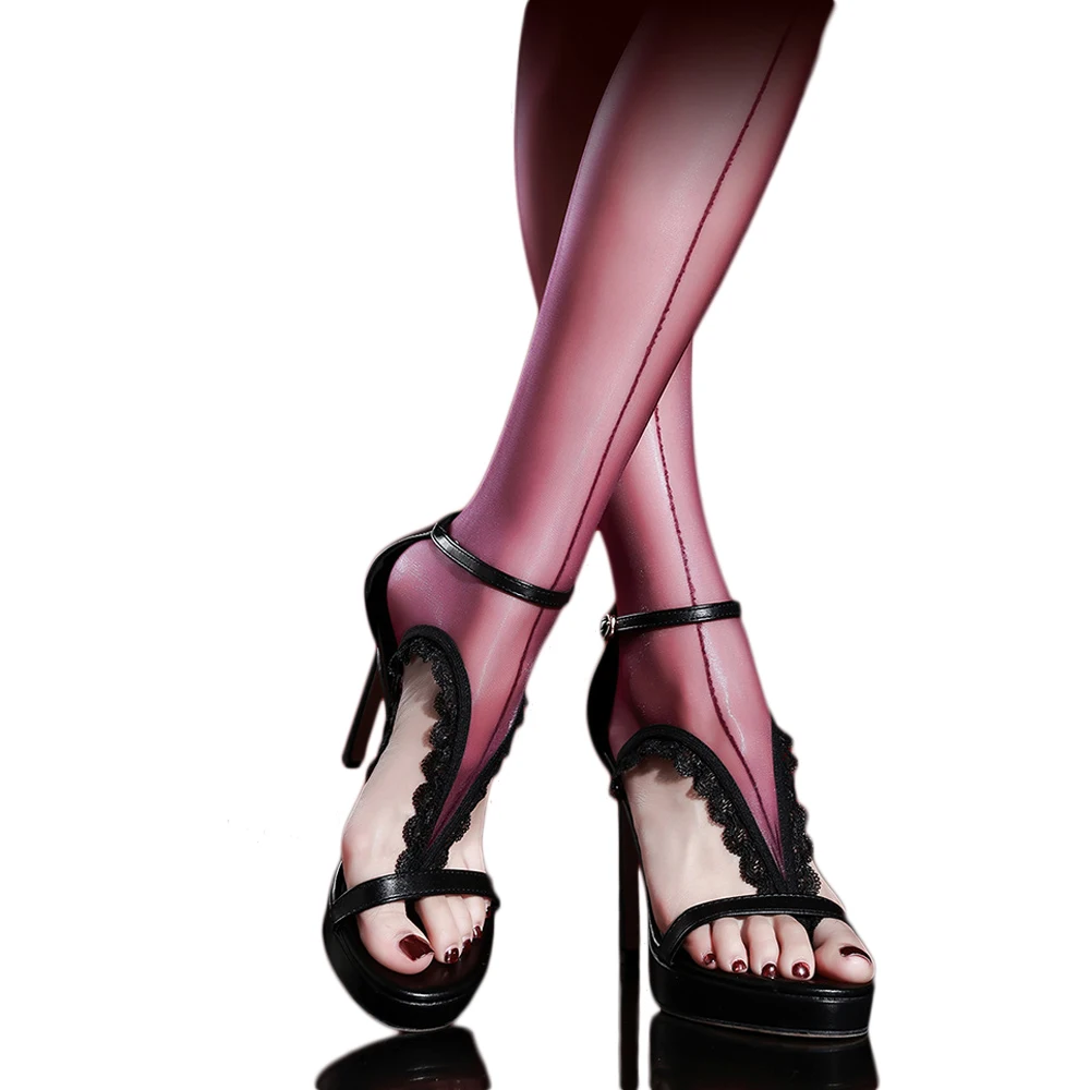 Women 1D Thin Sheer See Through Stripe Oil Shiny Glossy Pantyhose Toes Clip Foot Stocking Shaping Tights Sexy Night Club Hosiery