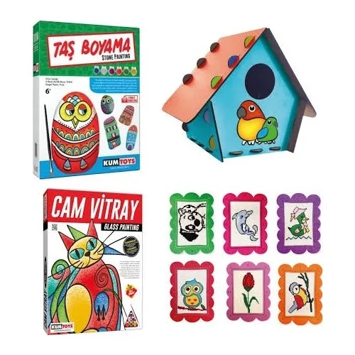 Kumtoys Stone Painting Bird House + Glass Stained Glass + Etamin Art 4'lü Set