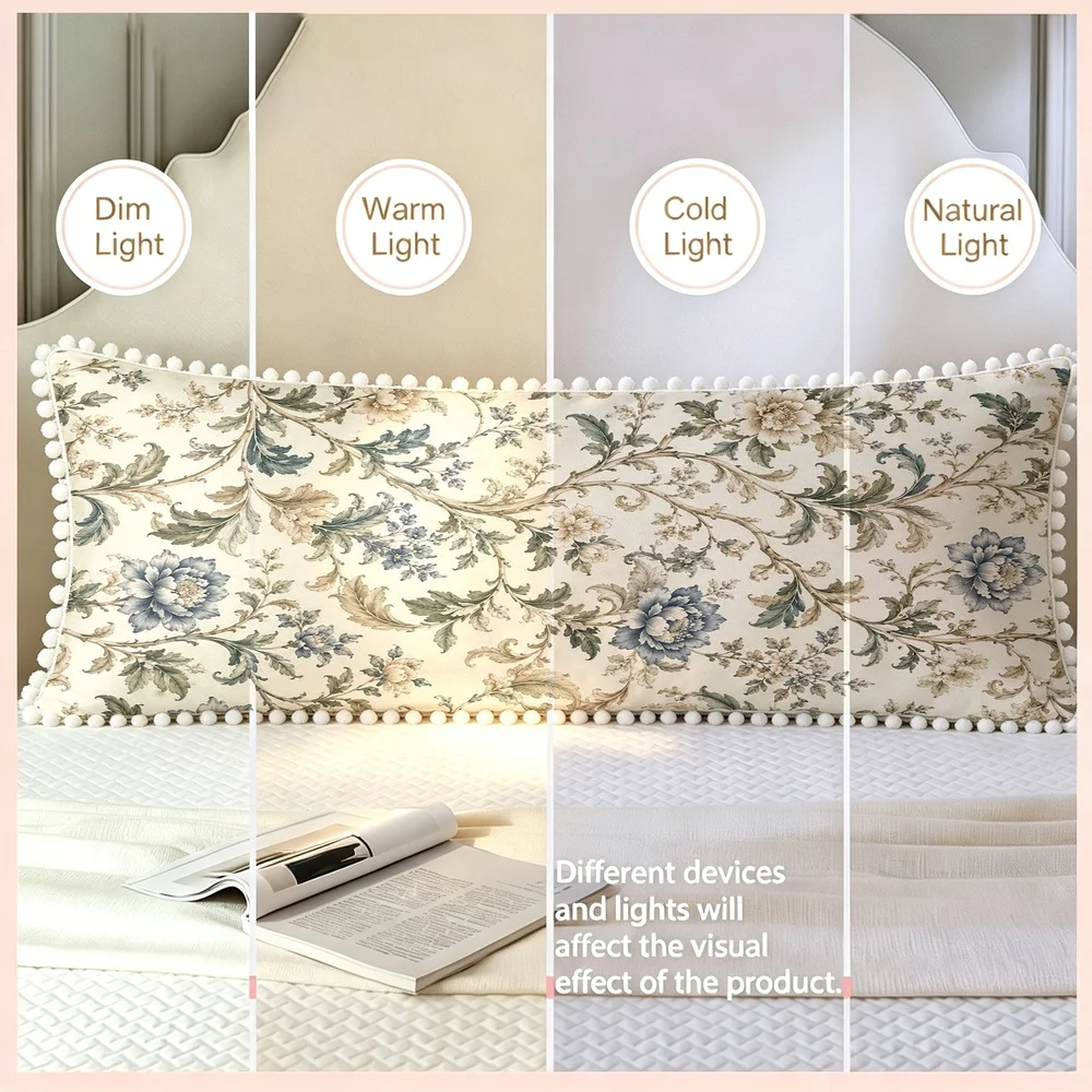 1PC Cream Background with Blue White Porcelain Peonies and Scrollwork, Chinoiserie French Floral Long Pillow Cover with Pom Po