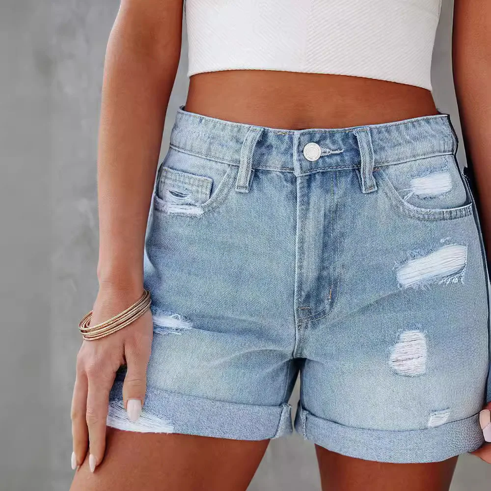 

Women Jeans Denim Shorts High Waist Jean Slim Fit Zipper Fly Ripped Distressed Summer Washed Pockets Solid Basics Casual