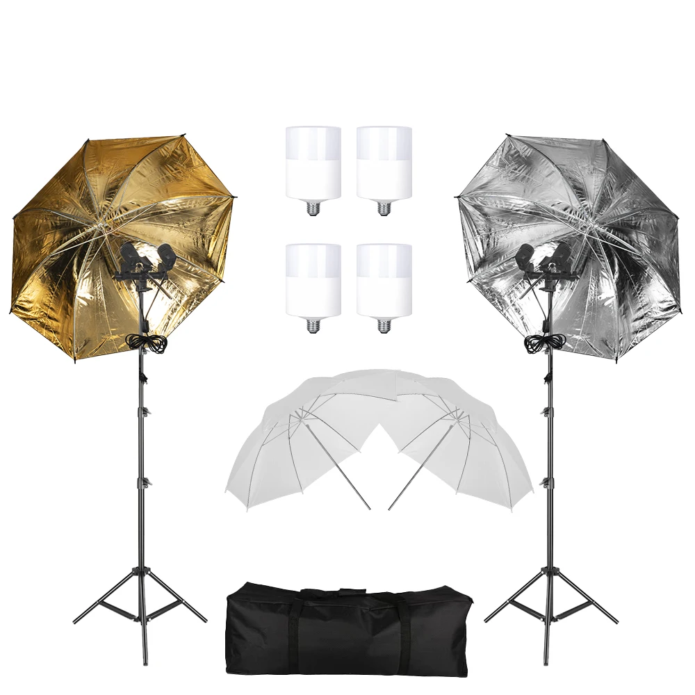 4pcs 33 ' 84 cm White Gold Black Soft Light Umbrella with Bulbs  2m Tripod for Photo Studio Camera Video Lighting Shooting