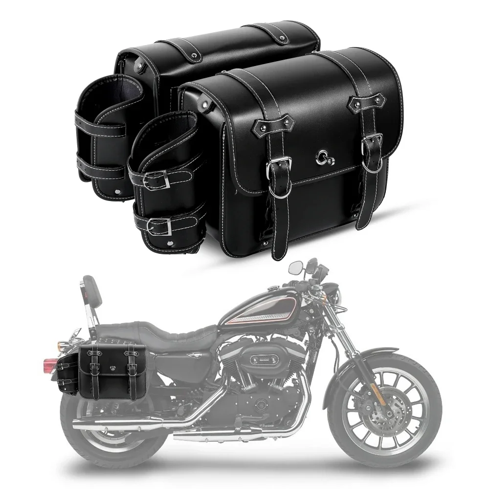 1 Pair Motorcycle Side Bags Saddlebags with Cup Holder PU Leather Rear Panniers Luggage Storage Large Capacity Waterproof