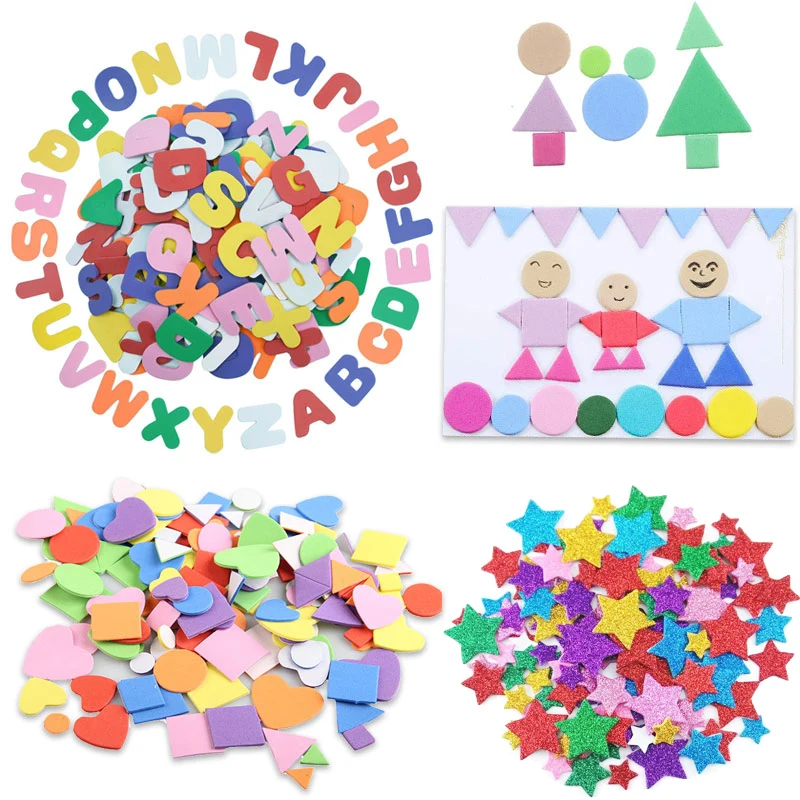 Samoprzylepne Mini kształt geometrii naklejki z pianki EVA dzieci DIY rzemiosło artystyczne brokatowe gwiazdy list naklejki dla przedszkolaków różne kolory