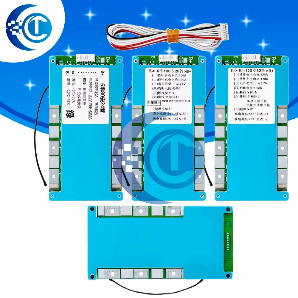 6S 22.2V High-Current BMS Board (80A/100A/120A): 18650 LMO/Ternary Battery Protection with Balance+Heat Dissipation+Cable