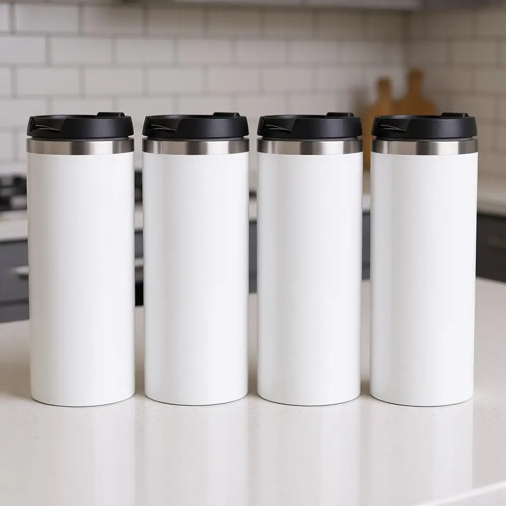 

14 OZ White Sublimation Tumblers with Stainless Steel Lid, Double Walled Coffee Tumblers, Heat Resistant, 4 Pack