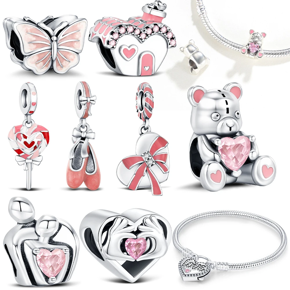 Cuentas de dijes de oso de peluche con forma de corazón de piruleta, colgante fino de Plata de Ley 925 Original, apto para pulsera DIY, collar, regalo de pareja de Boutique