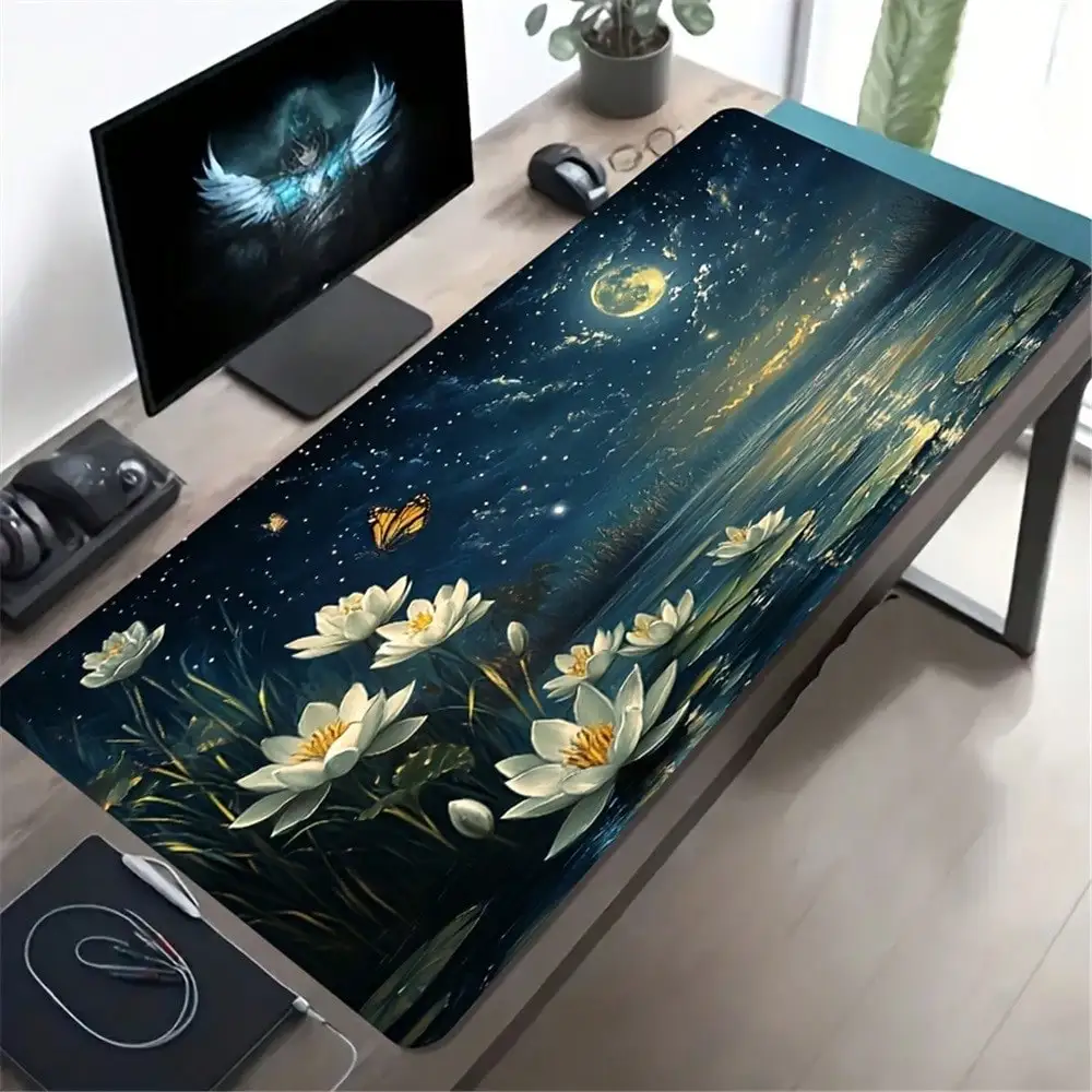 1 Large Gaming Mouse Pad With Moonlit Water Lily Butterfly Starry Sky Design, Non-Slip Washable Rubber Base, Oversized Desk Mat For Office Accessories, Computer