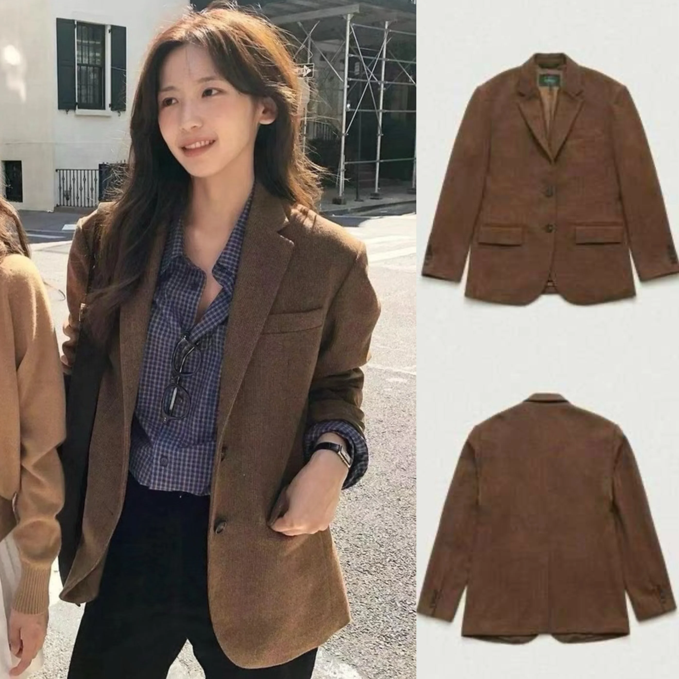 

TheBarnet Women's Casual Woolen Suit Jaet Loose Fit Single Button Pure Color Vintage Sle Long Sve Commute Faion