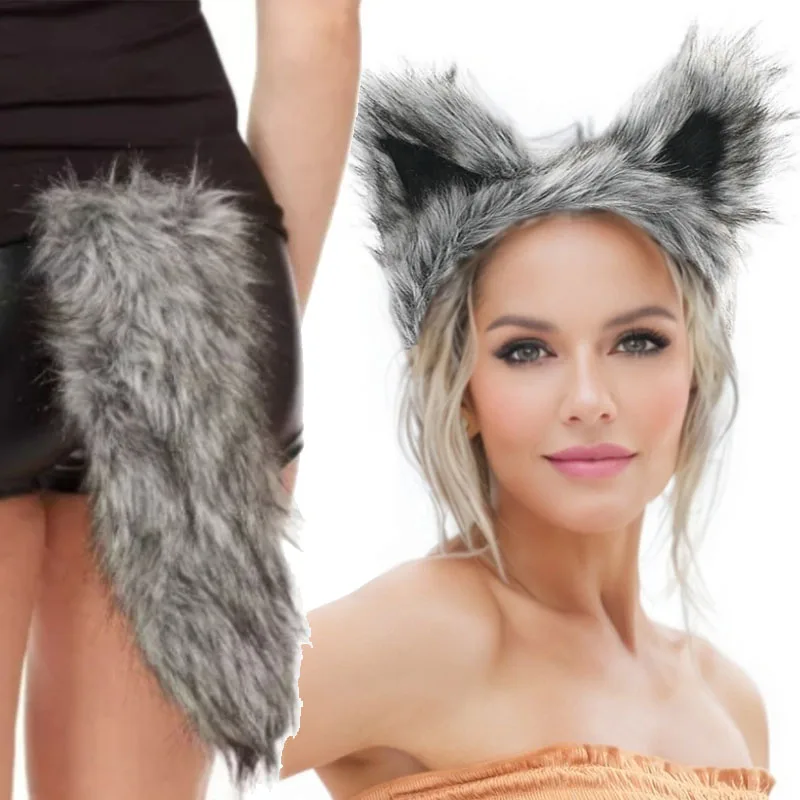 Men Women Faux Furs Foxes Wolf Ears Headband Tail Halloween Christmas Cosplay Accessories Furry Animal Ears Hair Hoop for Party