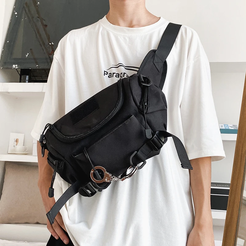 

Украшение наручников, черная нейлоновая мужская сумка на плечо в стиле панк, повседневная нагрудная сумка через плечо, подростковая поясная сумка большой вместительности