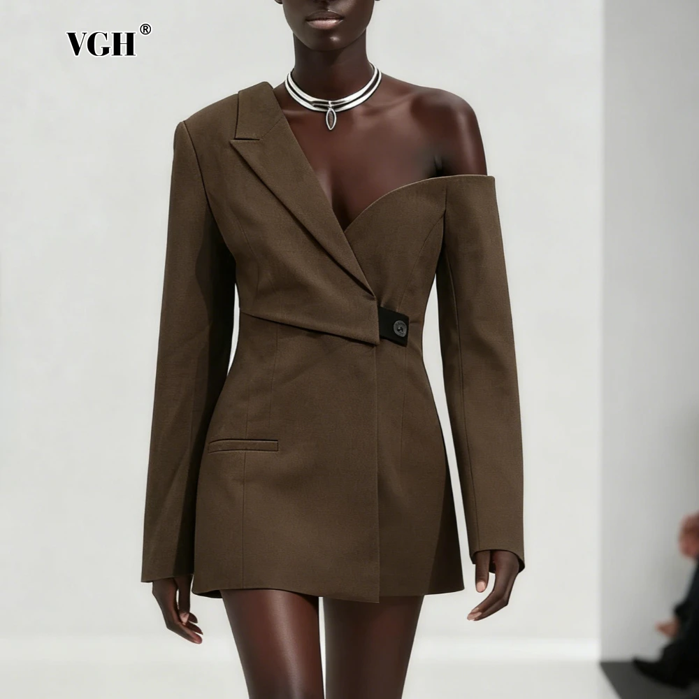 

VGH Runway Style Patchwork Single Button Blazer for Women Lapel Long Sleeve Off One Shoulder Spliced Pockets Coat Female Clothes