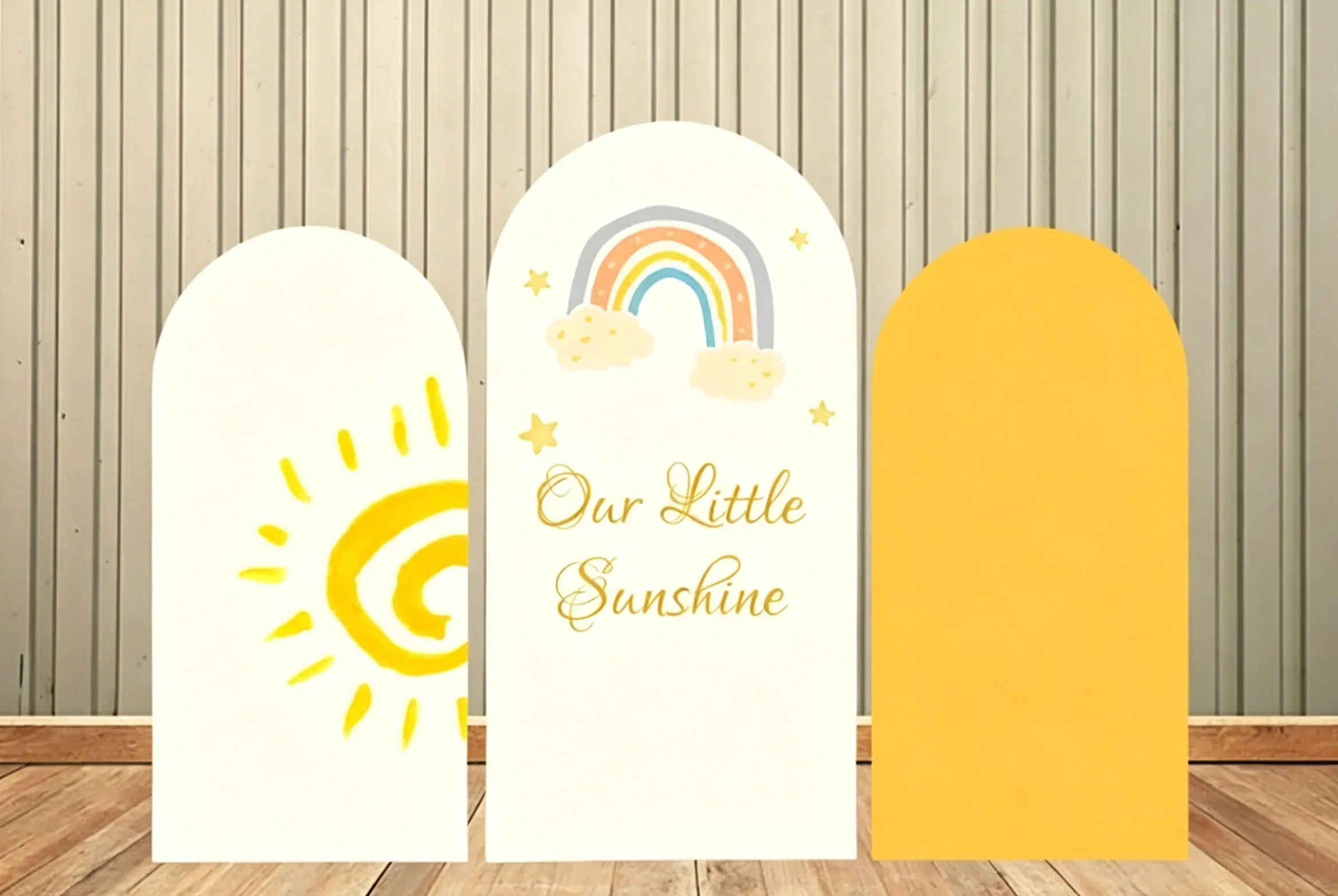 Custom 2-Side Our Little Sunshine Baby Shower Arch Backdrop Cover Rainbow Sun Diy Name Age Birthday Party Decor Backdrop Photo