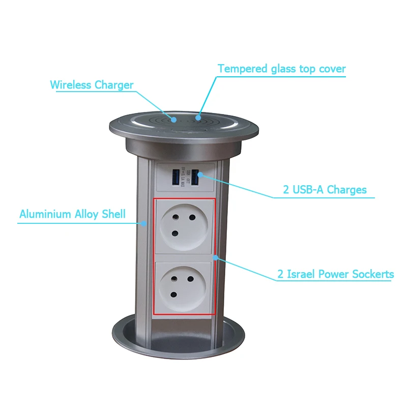 Israeli Plug Desktop Motorized Lifting Pop UP Socket Kitchen Worktop Hidden With 2 Power Outlets Dual USB Charging Ports