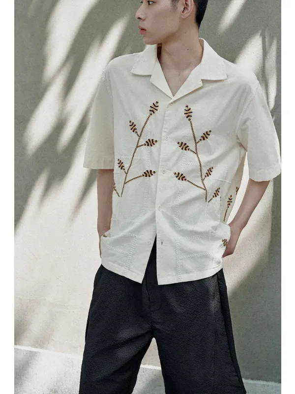 

Loose Cotton ort Sve Embroidered Patchwork Men's Casual irt Breathable Youth Summer Faion T-irt Button Closure