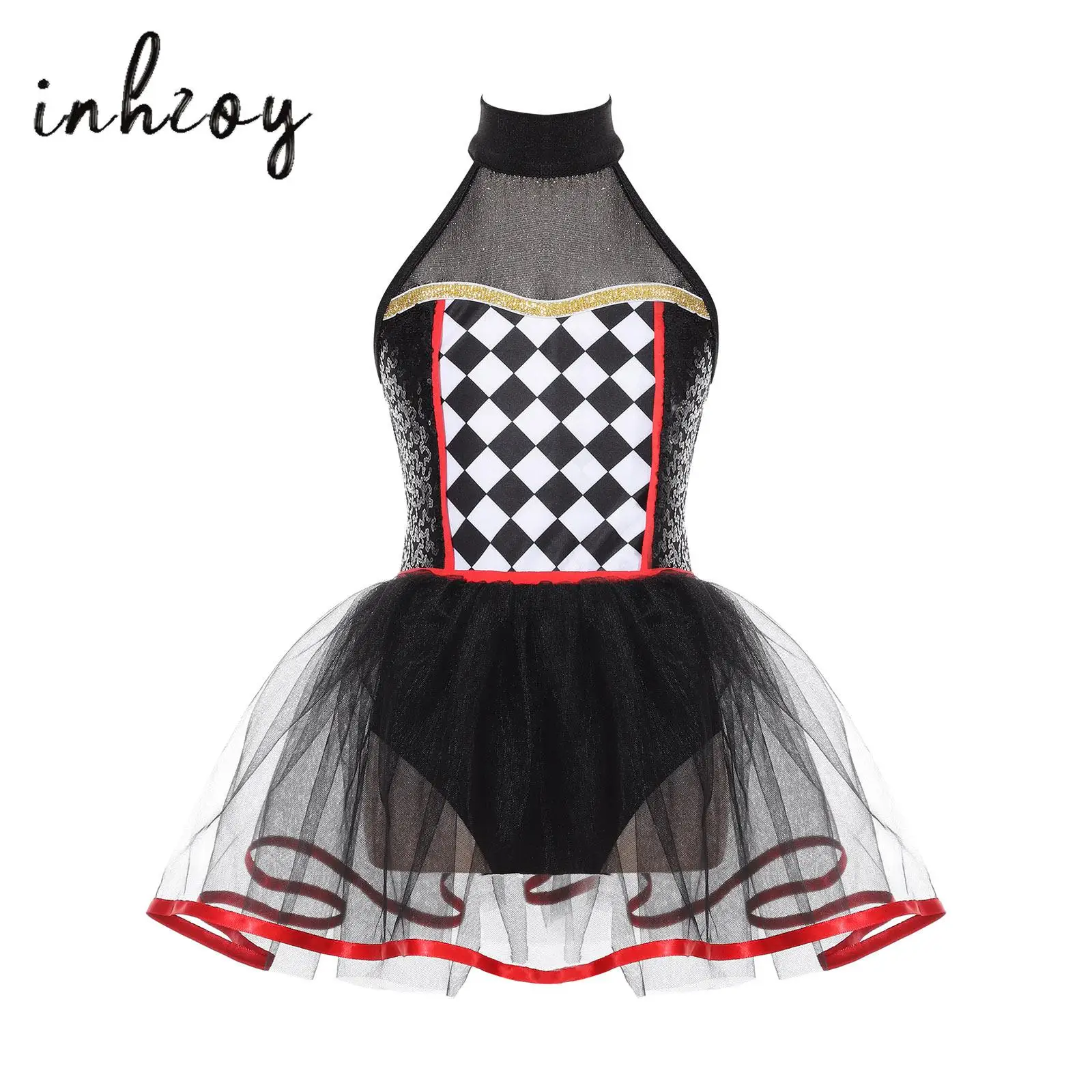 

Kid Girl Clown Costume Halloween Jester Circus Fancy Dress Halter Neck Checkerboard Sequins Tutu Dress Leotard for Performance