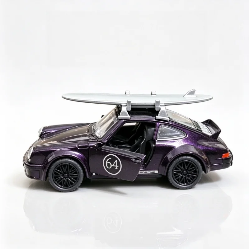 Metal Diecast Sports Car Model with Removable Surfboard, Pull Back Function, Openable Doors, Tabletop Display Decoration, Gift f