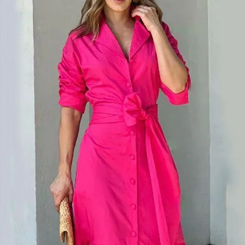 Elegante Vestido largo de manga larga para mujer, cárdigan de cintura que combina con todo, temperamento de moda, Color sólido, novedad de verano 202