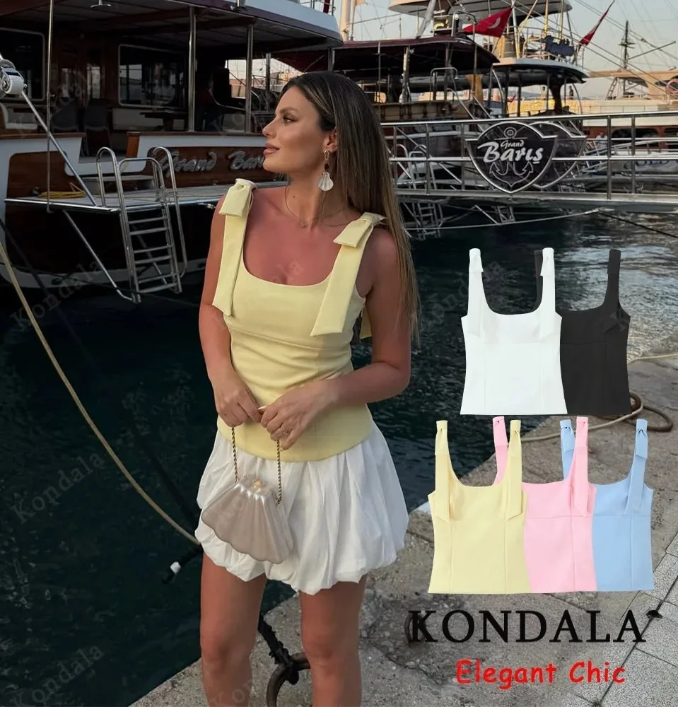 Damen-Top mit süßem Butter-Gelb-Weiß-Cami-Top und Fliege, 2025, neue Sommermode, Urlaub, heiß, sexy, charmantes Strand-Party-Top
