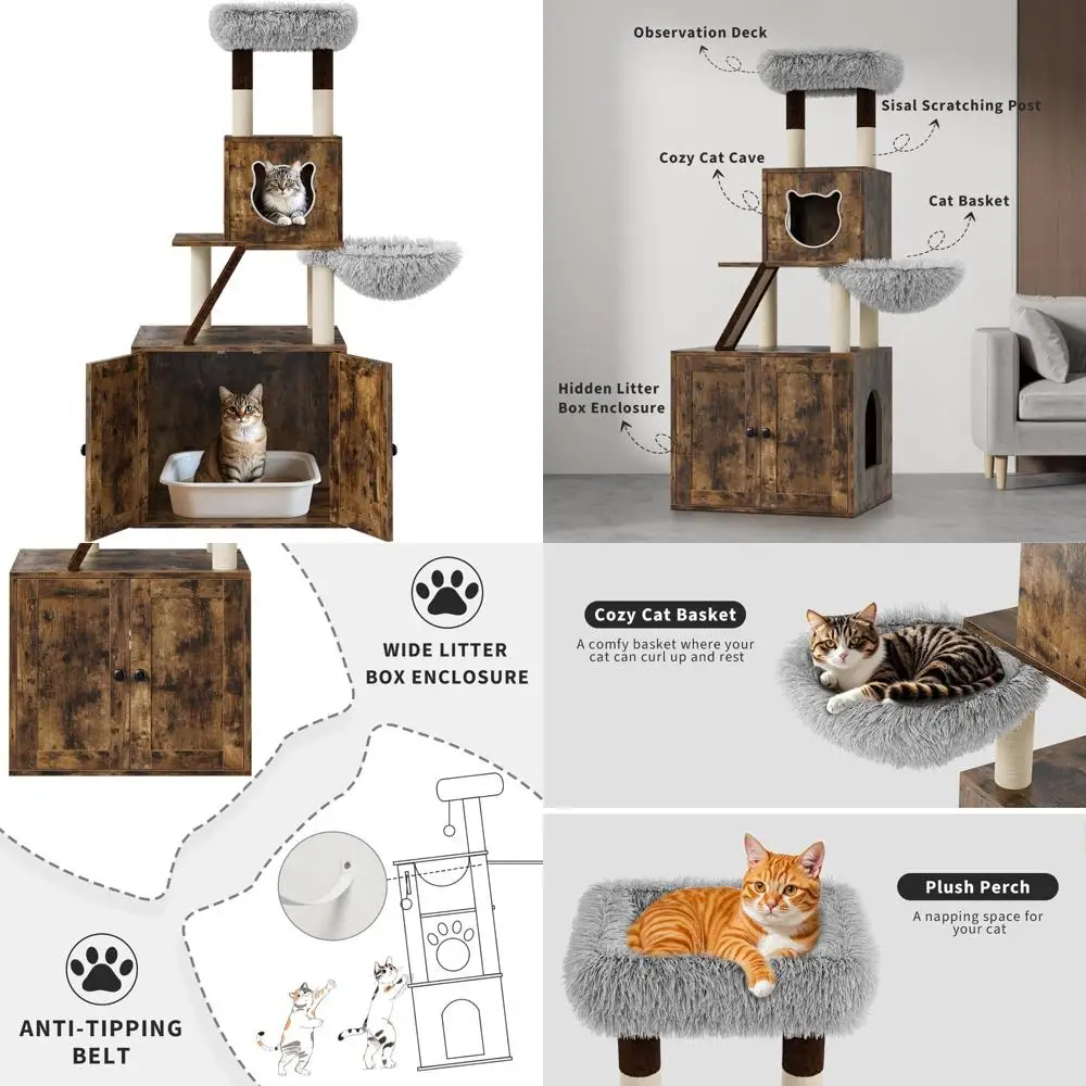 

Modern 57.5-Inch Large Cat Tower with Litter Box Enclosure, Condo, Hammock, Scratching Post, and Play Area for Indoor Cats