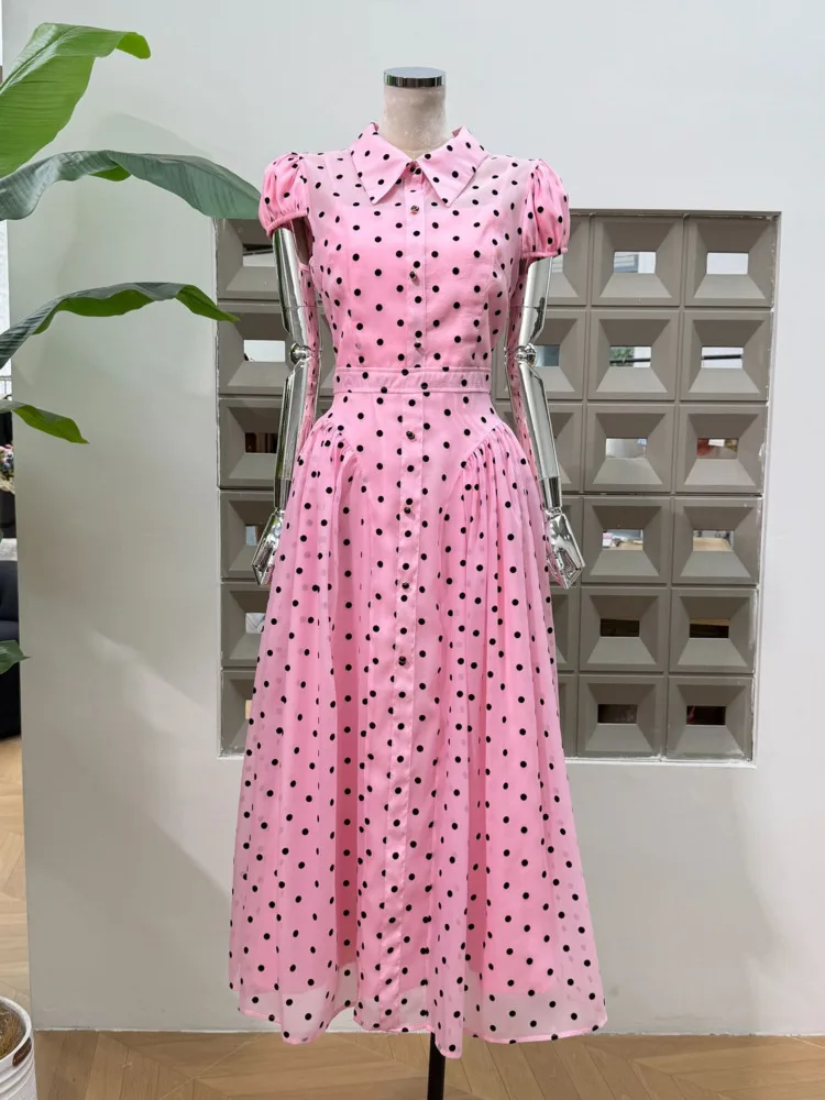 DFDG Women’s 2025 New Retro Polka Dot Sheer Dress Spring Summer Vintage Polo Collar Fashion Slender Long Elegant Design Dress