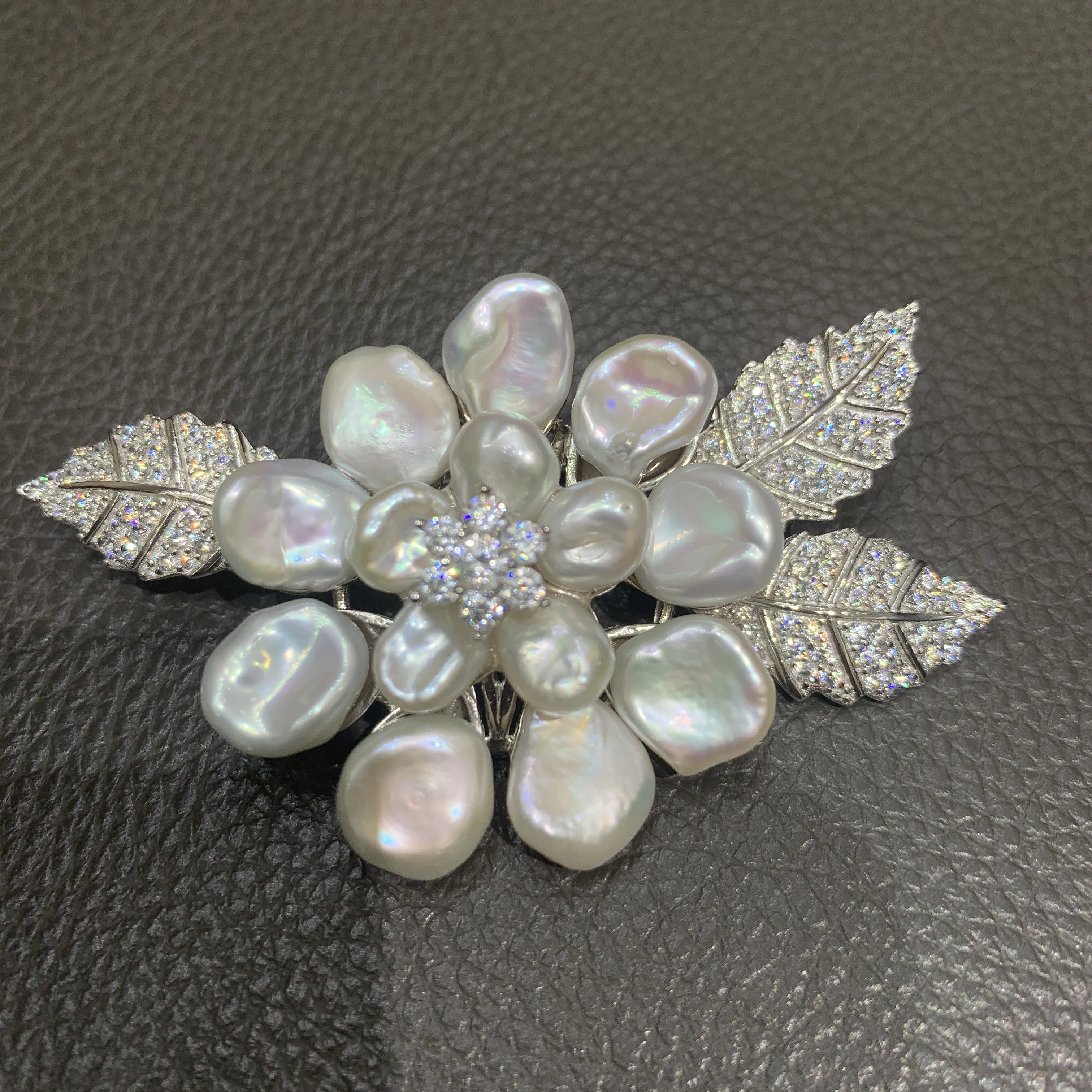 natural fresh water pearl flower brooch pins 925 sterling silver with cubic zircon romantic baroque keshi pearl luxury jewelry