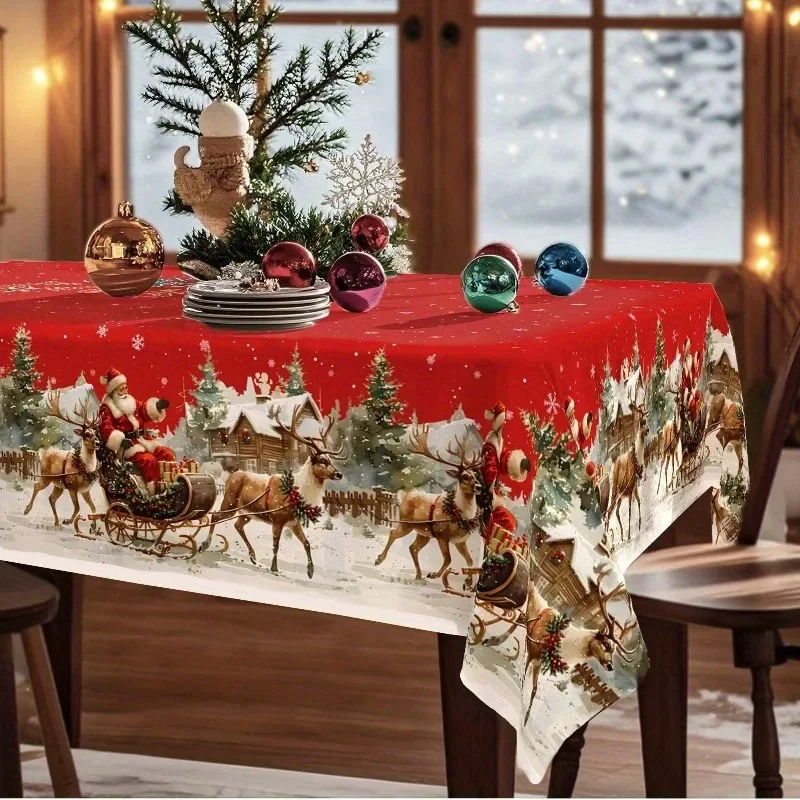1pc Christmas tablecloth - Santa Claus reindeer skiing in the snow scene - Retro red and green festive table decorationzyc