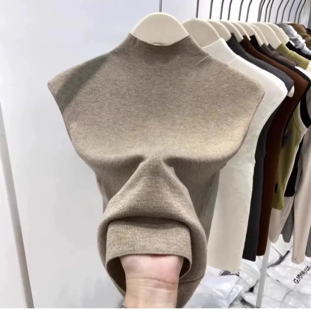 

Women's Elegant Slim Fit Sleeveless Vest Turtleneck Sweater Versatile Spring Summer Layering Top for Bottoming Shirt