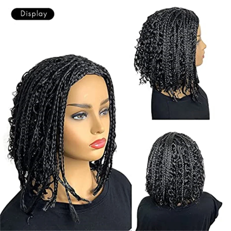 14 Inch Short Box Braided Bob Wig for Black Women Curly Goddess Box Braids Wigs Synthetic Natural Color Bob Hair Daily Use