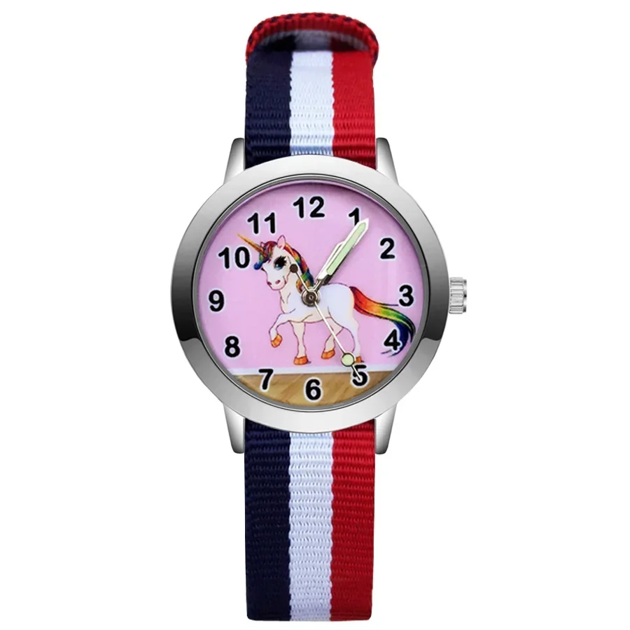 Montre arc-en-ciel en cuir à quartz pour enfants, bande dessinée, bracelet en nylon, marque haut de gamme, vente en gros d'usine, mode, enfants, étudiants, filles, garçons