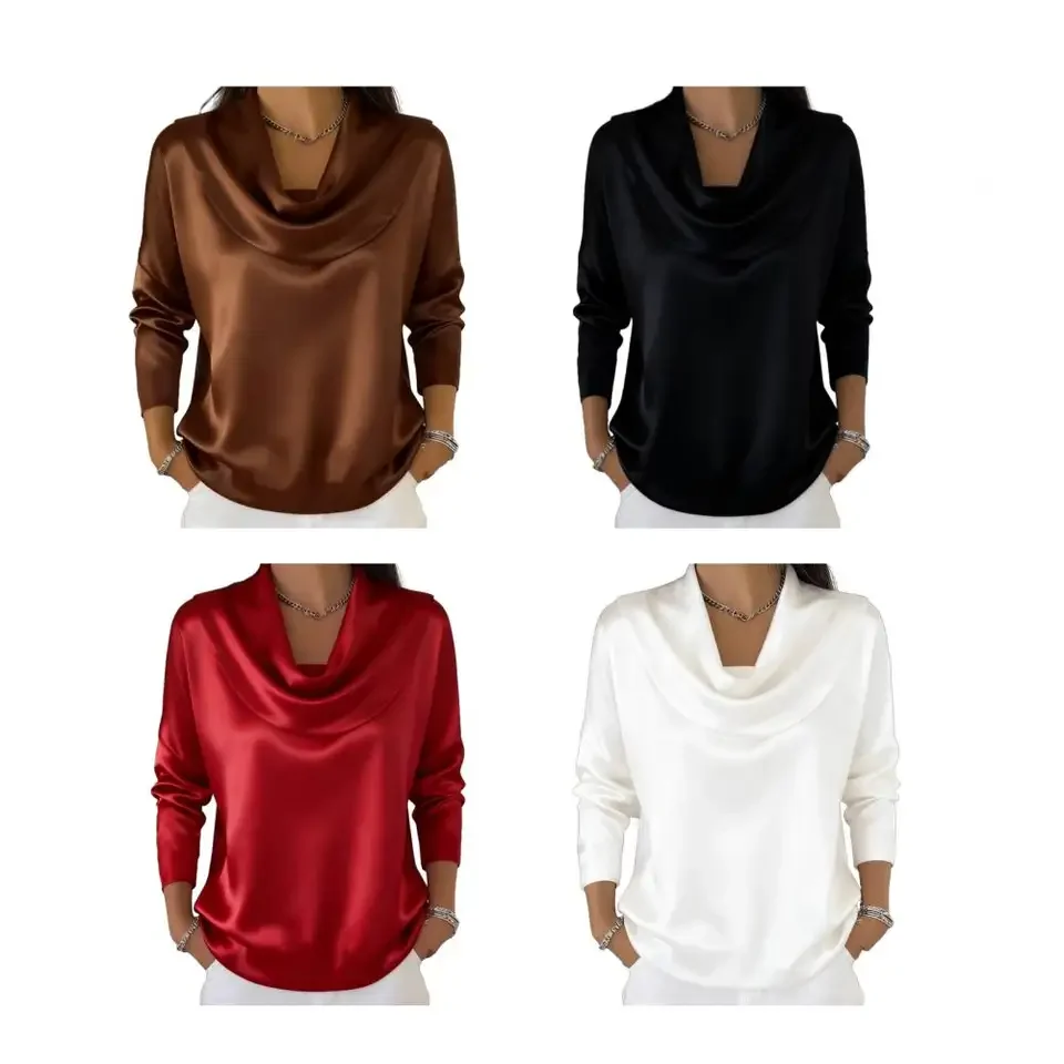 

Satin Long Sleeve Shirt Women Elegant Slik Tops Female Solid Color Office Blouse For Women Spring Autumn Pullover