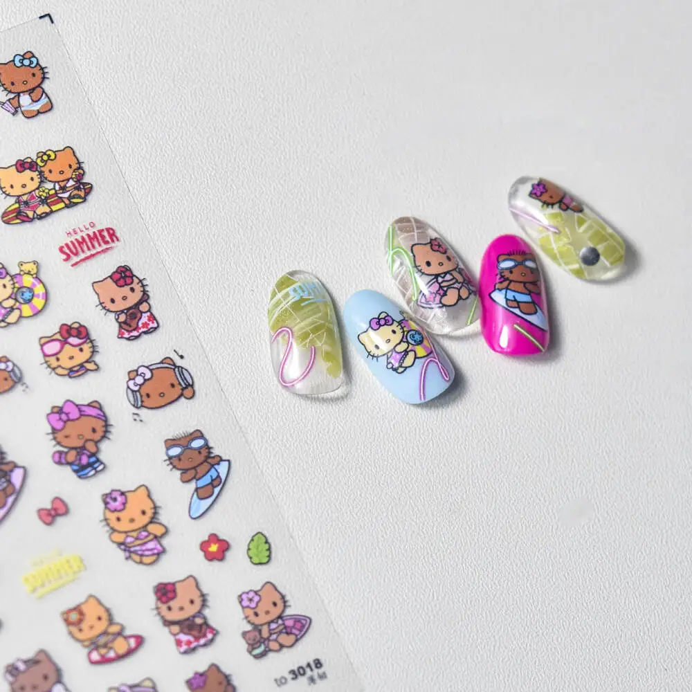 Sanrio Cartoon Nail Sticker Y2k Hello Kitty Hawaiian Style Nail Art Decoration 3D Embossed Nail Stickers Anime Nail Accessories