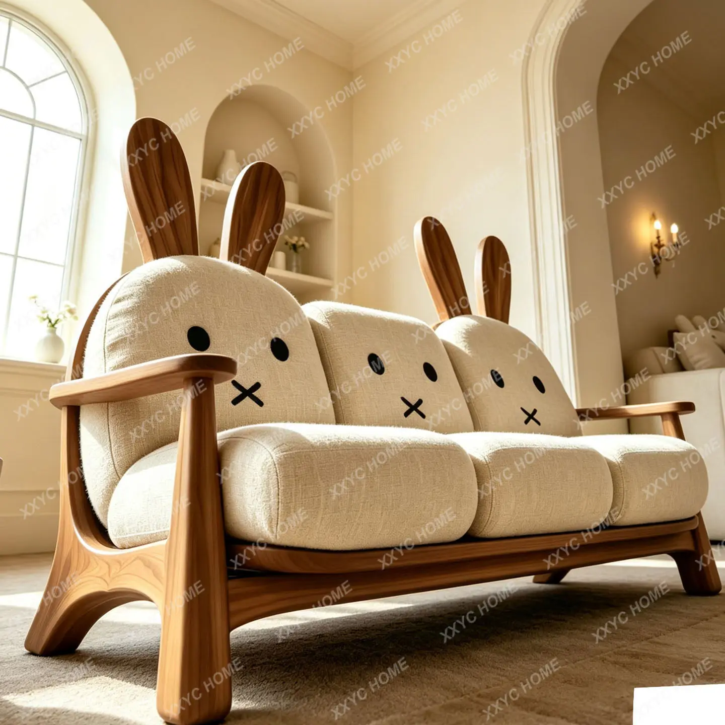 New chinoiserie solid wood sofa cartoon rabbit shape black-white ash living room fabric sofa chair