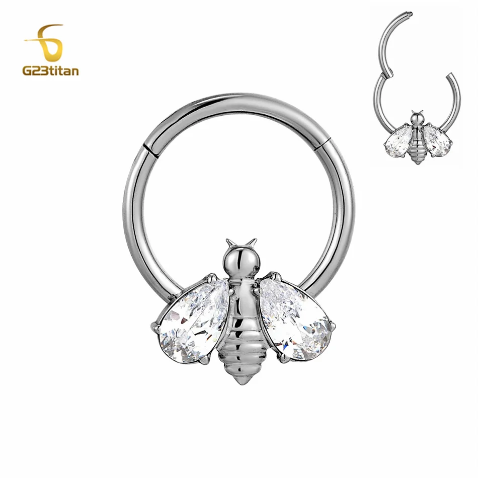 

Clear Zircon Wing Bee Septum Ring 16G 8mm 10mm Titanium Hoop Ear Cartilage Daith Helix Tragus Earring Nose Piercing Body Jewelry