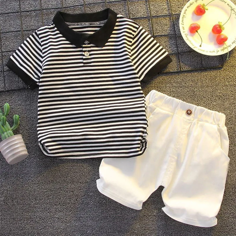 Summer Short Sleeve Clothes Baby Clothing Sets Kids Striped Polo-shirt + Shorts Outfits Toddler Infant Boys Casual Wear