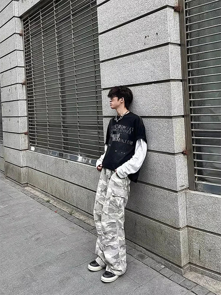 Cleanfit อเมริกัน Retro Camouflage กางเกงผู้ชาย HIPHOP อินเทรนด์ High Street Workwear ตรงกางเกงขายาวลําลอง