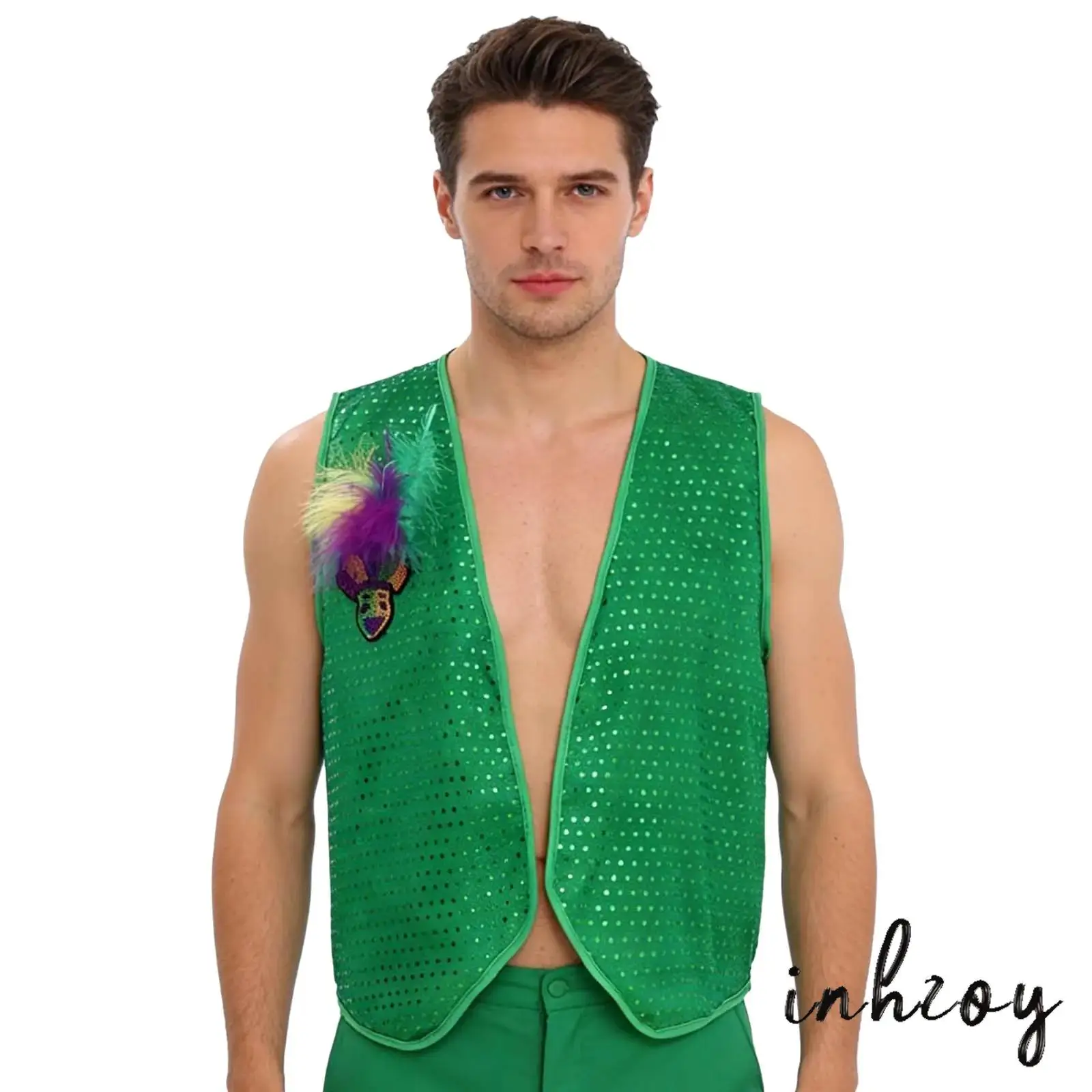 

Fashion Adults Mens Mardi Gras Sequin Waistcoat Sleeveless Irish Vest Tops Costumes Halloween Carnival Dress Up Parties Coat