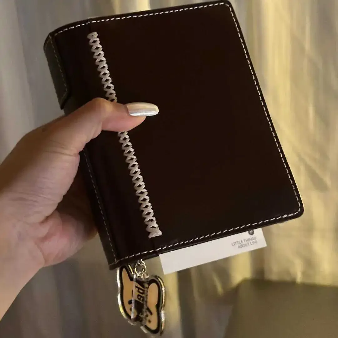 Dark Leather Brown a7 Notebook 6 Rings Blank Inner Pages Portable Book Pocket for Students' Daily Use Girls Diary Planner 2025
