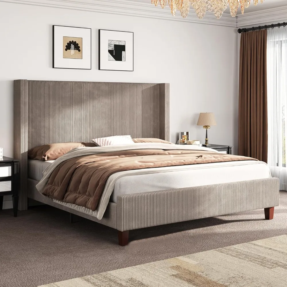 

Upholstered Bed Frame with 50.8" Tall Headboard, Wingback Platform Bed with Solid Wood Legs, Wooden Slats