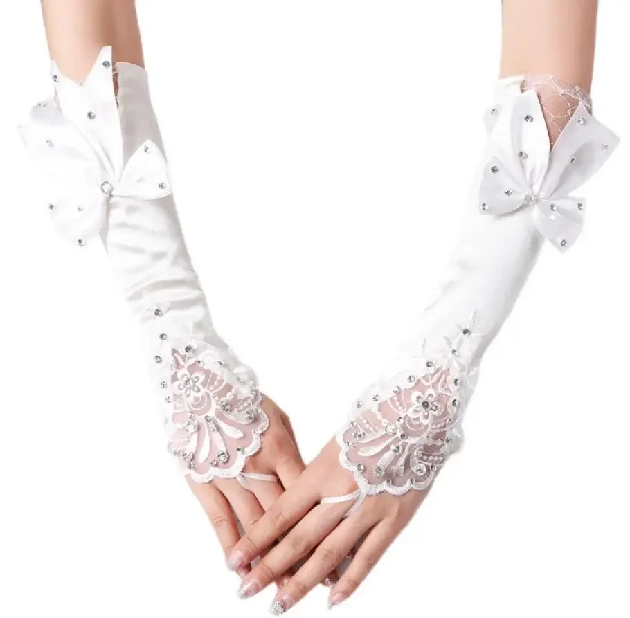 Womens Long Satin Gloves Fingerless Beaded Sequins Bridal Wedding Accessory Womens Bow Gloves